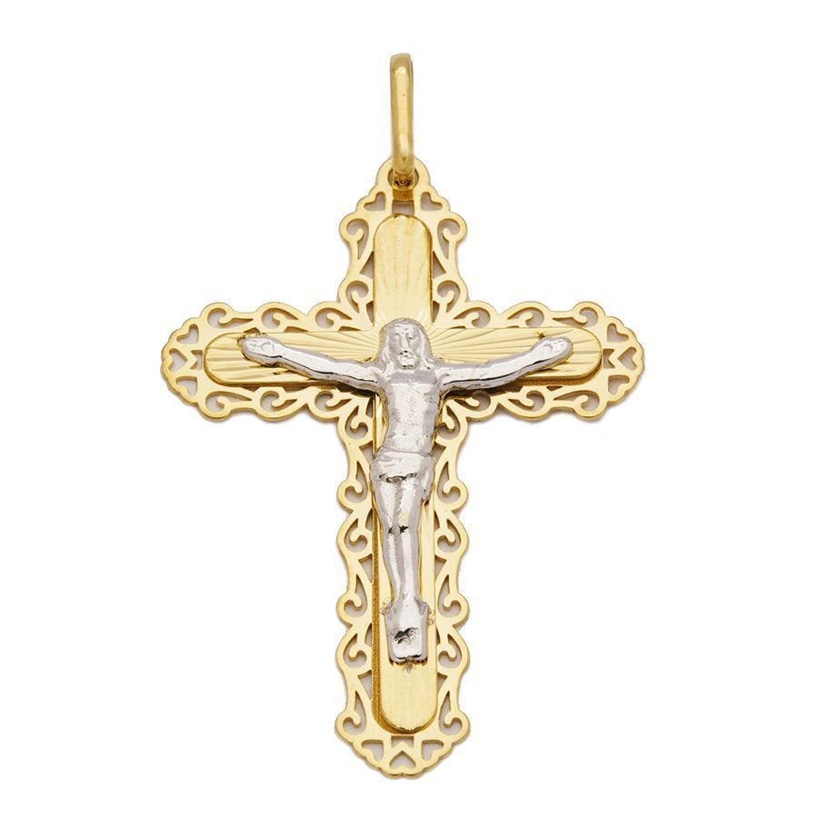 Pingente Crucifixo Rendado Bicolor em Ouro 18 Kilates - 21630